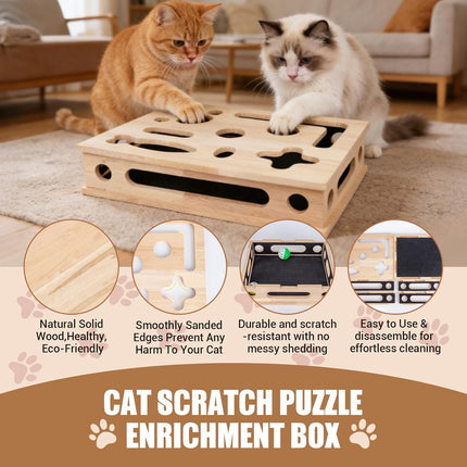 Cat Scratch Puzzle Enrichment Box, Smooth Solid Wood Cat Nail File Enrichment Box with Built-in Sandpaper, Cat Nail File Box Stress Free Alternative to Clippers & Grinders(No Bell Ball) (Large)