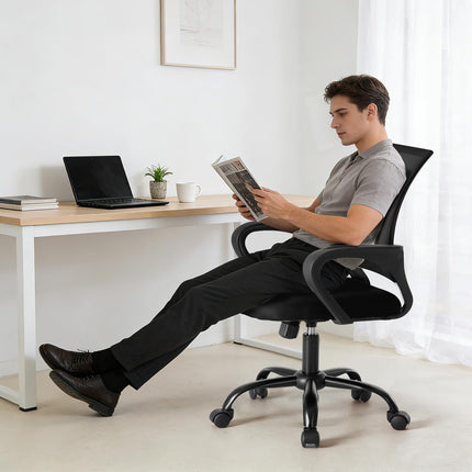 OLIXIS Office Desk Chair - Ergonomic Mid Back with Lumbar Support & Rocking Mode, Height Adjustable with Fixed Armrest, Storage Back for Computer, Gaming, Conference, Meeting, 360° Swivel, Black