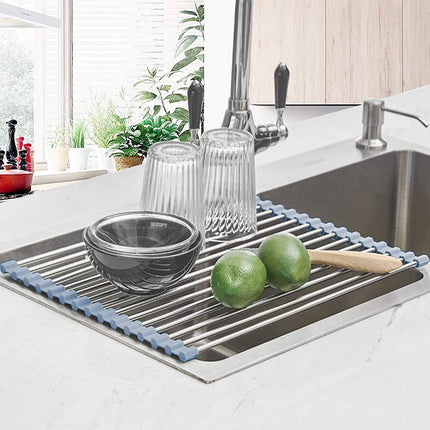 Escurridor enrollable para platos, escurridor sobre el fregadero, escurridor enrollable de cocina, tapete plegable de acero inoxidable para fregadero, 17.5x11.8