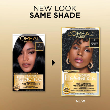 L'Oreal Paris Superior Preference Luminous Fade-Defying Permanent Hair Color, Hair Dye For Up to 9 Weeks of Radiance, Ultimate Black 1, 1 Hair Dye Kit