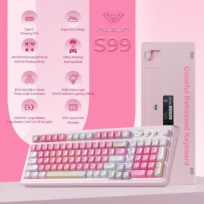 99-Key Wireless Gaming Keyboard with Number Pad, RGB Backlit Tri-Mode, Pink - photo 2