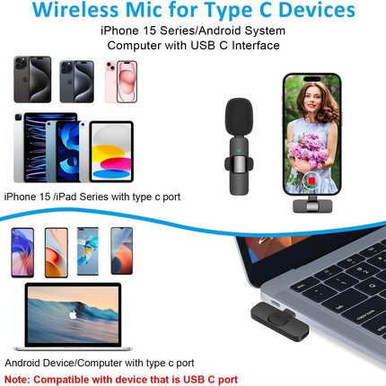 MAYBESTA Wireless Lavalier Lapel Microphone for iPhone Android - Bluetooth Mini Phone Microphones for Video Recording - 2 Clip on Mics with USB C Interface for Tiktok YouTube Vlog(Dark Black)