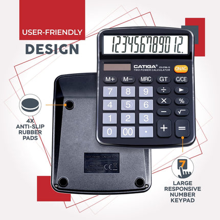 CATIGA 12 Digit Desk Calculator, Desktop Calculators with Large LCD Display & Big Buttons, Dual Power Solar & Battery, Standard Basic 4 Function Calculator for School, Office, Home