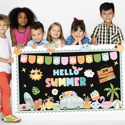 Summer Bulletin Board Decorations Set Countdown to Summer Bulletin Board End of Year Classroom Decor Tropical Hawaiian Beach Paper Cutouts with Blue Border for Home Office School Chalkboard Wall Door