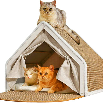 Cat Houses for Indoor Cats - 4 Seasons Cat Bed Cave with Natural Sisal Cat Scratcher Mat, Solid Wood Frame Cat House with Curtains and Cat Floor Scratching Pad Rug, Protect Couch and Carpets, M