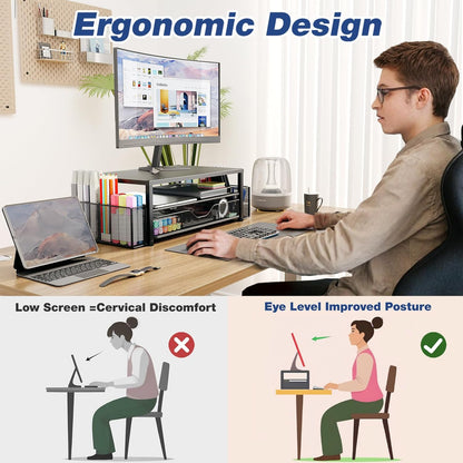 Black 2-Tier Monitor Stand Riser with Drawer and Pen Holders - photo 2