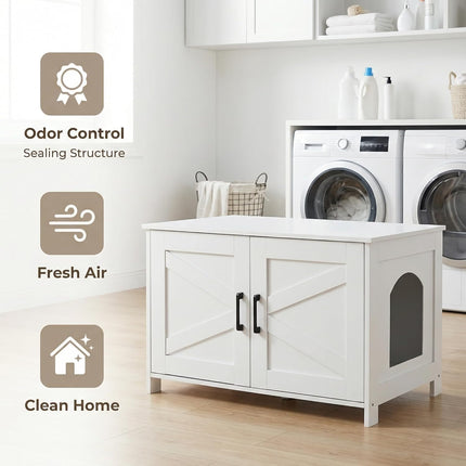 Homhedy Cat Litter Box Enclosure, Wooden Cat Washroom Furniture with Barn Door, Pet House, Fit Most of Litter Box, White