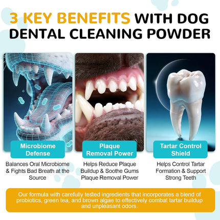 Dog Teeth Cleaning Powder, Dental Powder for Dogs Teeth Cleaning and Breath Fresh, Bad Breath Fresher & Tartar Remover with Enzyme, Probiotics. Plaque Off Pet Tooth Cleaning 120 Grams 60 Servings