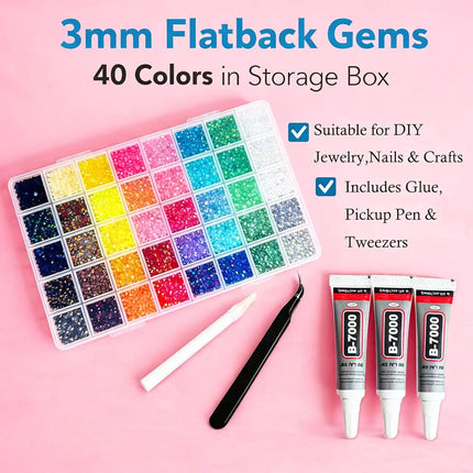 36000Pcs Resin Jelly Rhinestones for Bedazzling,40 Colors 3mm Flatback Gems Bedazzling Kit with 3Pcs 10ml B7000 Glue for Clothing Nail Art Shoes Crafting Makeup (40 Colors+3 Pcs Glue)