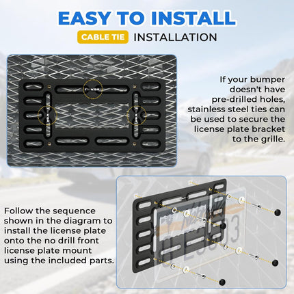 License Plate Holder Universal, Front License Plate Bracket 12*6’’, No Drill Front License Plate Mount Plastics, Front Plate for Car with Cable Ties,Screws,Washers,Nuts,Screw Caps,Anti-Vibration Pads