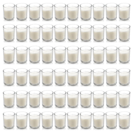 Paquete de 24 velas votivas de vidrio transparente con cera blanca cálida sin aroma. Velas de cera vertida a mano, regalos para aromaterapia, spa, bodas, cumpleaños, festivos y fiestas