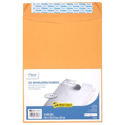 Envelopes, Letter Size 9" x 12", Press-It Seal-It Self Adhesive Closure, Brown Kraft All-Purpose 24-lb Paper, Manila Mailing Envelopes, 25 Count (76086)