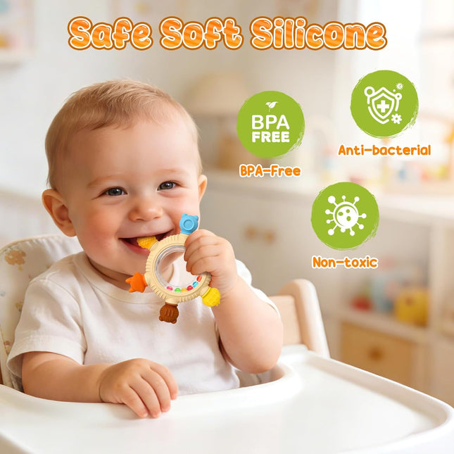 Teething Ring Toys 3-6 Months, BPA-Free Silicone Infant Rattle Teethers