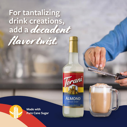 Torani Coffee Syrup, Almond Orgeat Flavored Syrup for Drinks, Glass Bottle with Pump Included, 25.4 Fl Oz