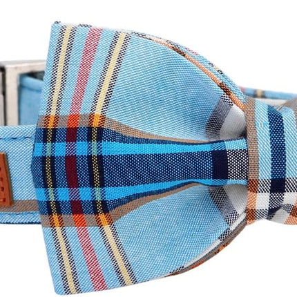 Lionet Paws Boy Dog Collar with Bowtie, Comfortable Adjustable Cute Blue Plaid Bow Tie Collar for Male Dogs Gift, Small, Neck 10-16 inches
