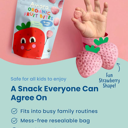 Amara Organic Fruit Bites Sweet Strawberry - No Added Sugar, Dairy-Free, Nut-Free Healthy Fruit Snacks, Made with Organic Whole Foods, Allergy-Friendly Healthy Fruit Snacks for Kids - 21g 6PK
