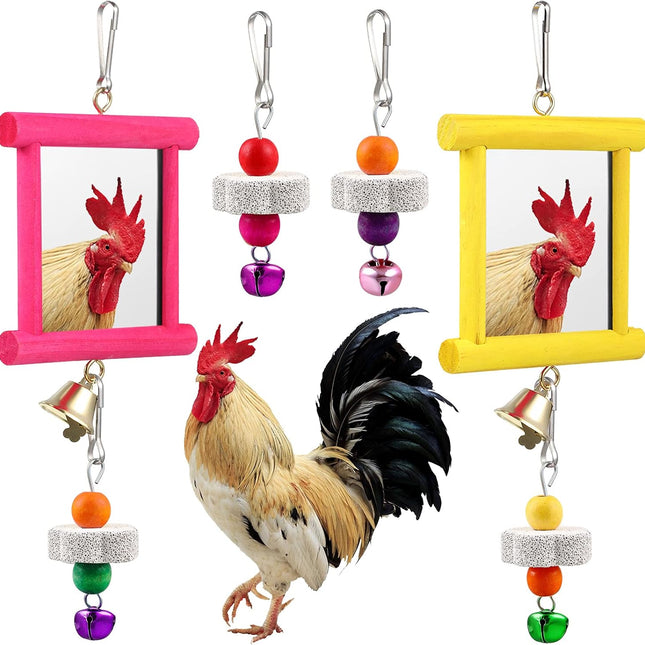 2 Pieces Chicken Mirror Toys Hanging Swing Mirror with Bell Wooden Pecking Toy and 4 Pieces Beak Grinding Molar Stones