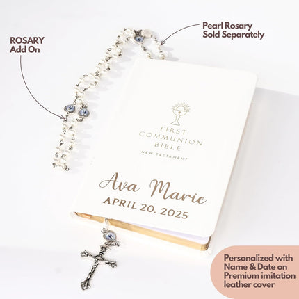 Personalized First Communion Bible New Testament, First Gift Catholic Rosary Set Engraved Religious Keepsake, Holy Sacrament, Biblia para Primera Comunion