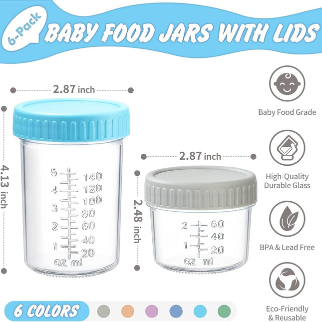 6 Pack Glass Baby Food Storage Containers - 4 & 8 oz Baby Food Jars