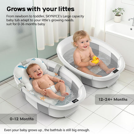 Collapsible Baby Bathtub for Newborn to Toddlers 0-36 Months, Large Baby Tub with Thermometer & Cushion, Easy Setup Foldable Travel Infant Bathtub, Newborn Babies Boy Girl Bath Tubs Grey