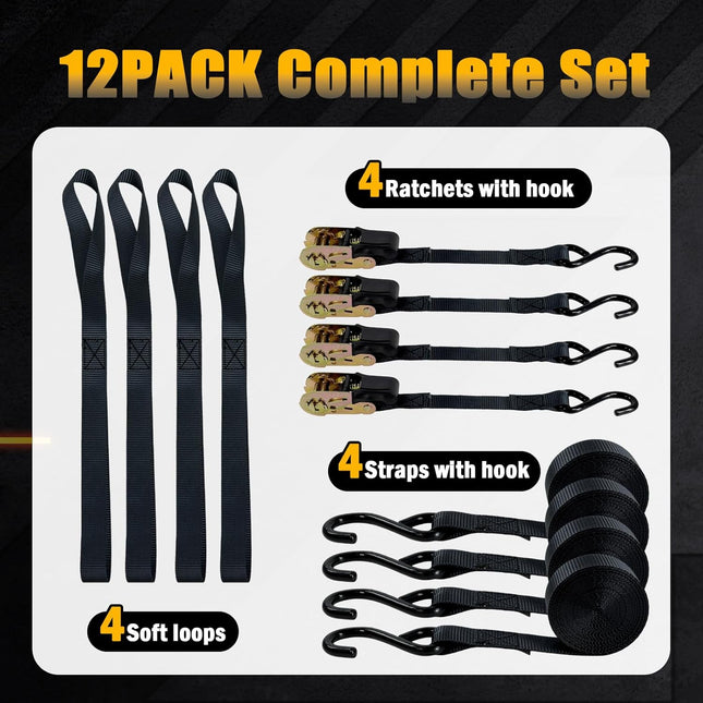 4-Pack Ratchet Straps, 15 Feet -1800 lb Break Strength Heavy Duty Ratchet