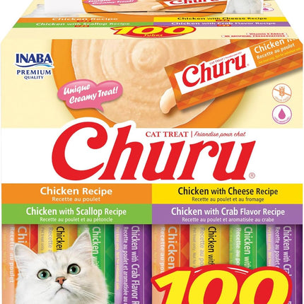 INABA Churu Cat Treats, Lickable, Squeezable Creamy Purée with Vitamin E, 0.5 Ounces per Tube, 100 Tubes Total, Chicken Variety