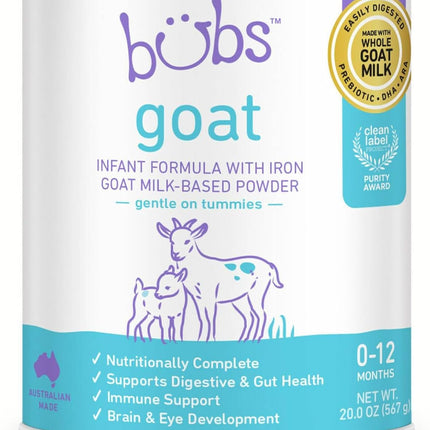 Bubs Whole Goat Milk Formula with Iron, Goat Milk-Based Powder, for Infants 0-12 Months, Made with Non-GMO Goat Milk, 20 oz