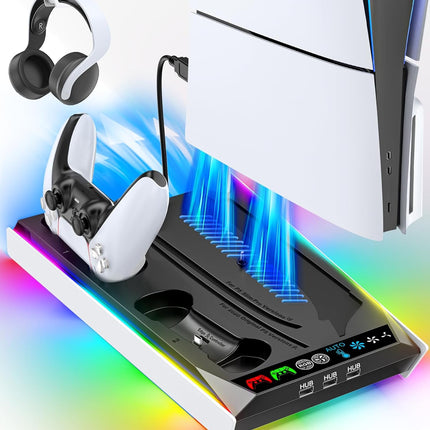 PS5/Slim/Pro Stand for Disc & Digital Console, PS5 Cooling & Charging Station with RGB Lights, PS5 Controller Charger Built-in 3 Level & AUTO Adjustable Fan, PS5/Slim/Pro Accessories Comes 3 USB Ports