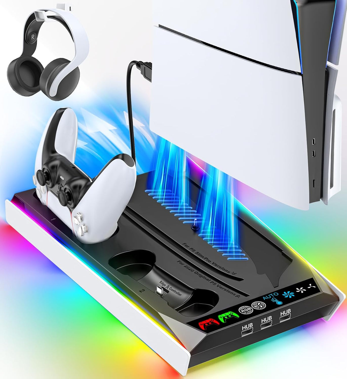 PS5/Slim/Pro Stand for Disc & Digital Console, PS5 Cooling & Charging Station with RGB Lights, PS5 Controller Charger