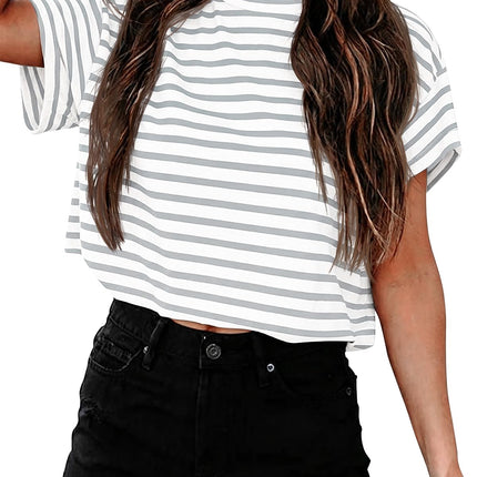 Camisetas cortas de manga corta para mujer, cuello redondo, top básico de verano