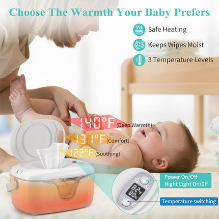 Portable Baby Wipe Warmer - Cordless Rechargeable Wet Wipes Dispenser for Travel Battery Operated with Nightlight Temperature Control for On the Go