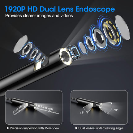 Endoscope with Light, 1920P HD Borescope with 8 Adjustable LED Lights, Semi-Rigid Snake Camera, IP67 Waterproof Inspection Tool (16.4ft, Black + Dual Lens Wiring Harness)