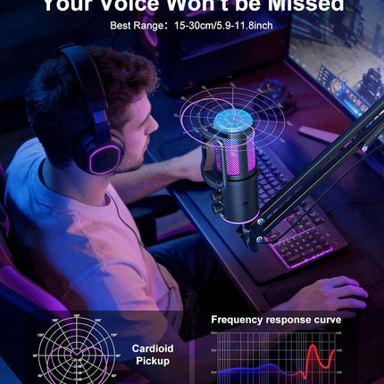 Gaming USB Microphone, Noise Cancellation Condenser Mic with Mute,Boom Arm Mic-Reverb Adjustment, Monitoring for Streaming, Podcasting, Discord, YouTube,PC, Computer, PS4, PS5, Mac