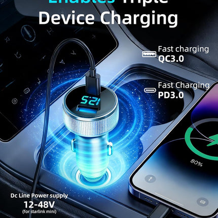 starlink mini car Adapter, 3 in 1 Starlink Mini Car Adapter DC Power Cable and Cigarette Lighter Adapter 12V-48V with Voltage Display, Durable USB-C PD 45W and USB-A 35W Ports，Suitable for Cars（10FT）