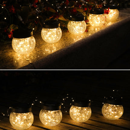 Solar Lanterns Solar Lights Outdoor Waterproof 6-Pack, Solar Powered Hanging Lights Cracked Glass Hanging Globes for Christmas Decoration, Shepherd Hook, Garden Tree Ornaments