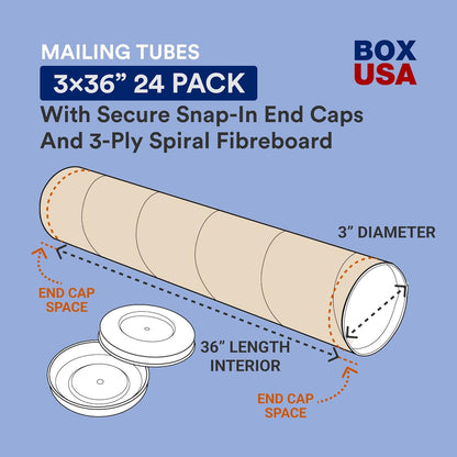 Cardboard Mailing Tubes with Caps, 3 x 36 in, Pack of 24 - photo 2