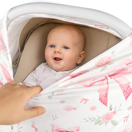 Car Seat Cover Baby Girls, All-in-1 Carseat Canopy for Babies, Multi-Use Infant Carrier Cover, Stroller Sun Shade, Nursing Breastfeeding Cover, Comfortable and Machine Washable, Pink Rose