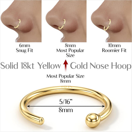Body Candy Solid 18k Gold Nose Hoop Nose Ring, Real Gold Hypoallergenic Nose Piercing Jewelry - Handmade in USA by Master Jeweler, 20 Gauge 5/16"