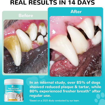 Dog Teeth Cleaning Powder, Dental Powder for Dogs Teeth Cleaning and Breath Fresh, Bad Breath Fresher & Tartar Remover with Enzyme, Probiotics. Plaque Off Pet Tooth Cleaning 120 Grams 60 Servings