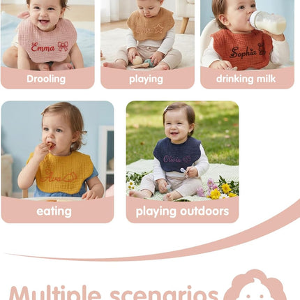 Custom Baby Bib for Boy Girl, Four Layers of Textured Thin Cotton Crepe Bibs for Eating Drool Feeding, Bunny Ears Petal Bibs with Name for Newborn, Birthday, Prenatal Gift, Children's Day