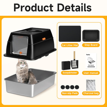 XL Enclosed Stainless Steel Litter Box with Lid,Black