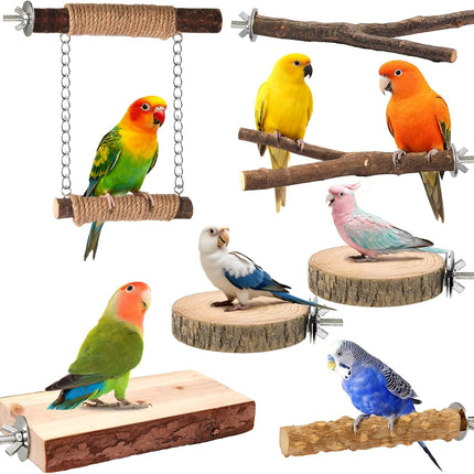 7-Piece Bird Perches for Cage- Wooden Parrot Stand with Fork Toys, Hanging Multi-Branch Platform, Hammock Swing, Gym Playstand & Chewing Toys - for Parakeets, Budgies, Lovebirds - Durable