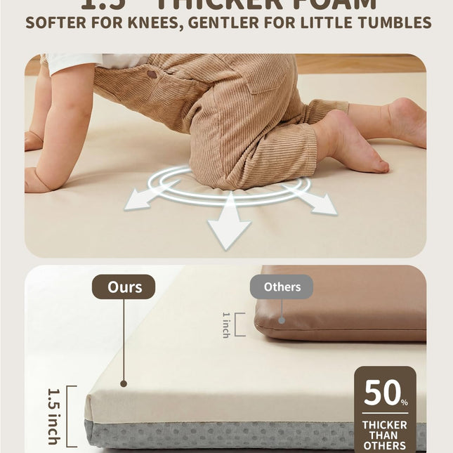 Baby Play Mat for Floor 50x50, 1.5” Thick Vegan Leather Crawling Mat with Removable Cover, Waterproof Playpen Mat for Infants and Toddlers, Wipe-Clean Kids Playmat, Cream