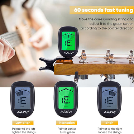 AARVI Clip On Guitar Tuner for All Instruments, Acoustic/Electric Guitar, Ukulele, Bass, Violin, Banjo, Large Clear LCD Display for Guitar Tuning, Chromatic Tuner, 4 Pack Guitar Picks Included