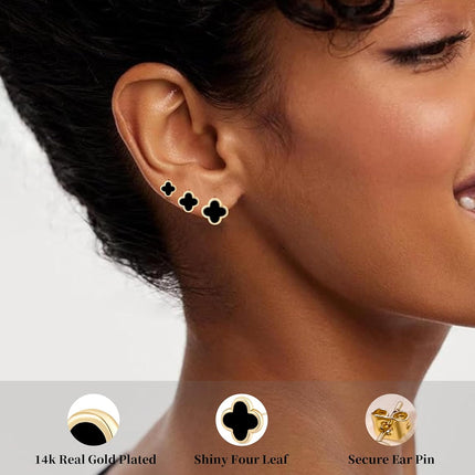 Clover Earring for Women 3 Pair Small Stud Four Leaf - 14K Gold Plated Hypoallergenic Lightweight Waterproof Non - discoloring Sensitive Ear for Birthday Christmas Anniversary Lucky Jewelry Gifts /Trendy Colors