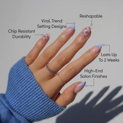 Glamnetic Press On Nails - Bluebelle | Short Almond Fake Nails with Pale Blue French Tips & 3D Blueberry Accents on Semi-Sheer Base, Glossy Finish, Salon Quality | 15 Sizes - 30 Nail Kit with Glue