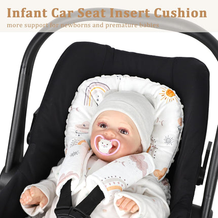 Infant Car Seat Insert Cushion, Super Soft Baby Car Seat Head Support & 2 Straps Pads, Reversible Preemie Newborn Carseat Insert, Fit Car Seat, Stroller, Infant Bouncer, White Rainbow