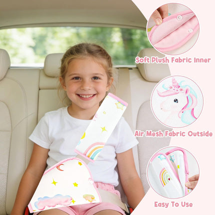 Kids Seat Belt Cover Pads, Soft Seat Belt Adjuster for Kids, Pea Pod Children Universal Shoulder & Belly Protective Padding, Breathable Car Seat Strap Cushion Covers for Boys Girls (Unicorn)