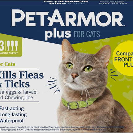 PetArmor Plus Flea and Tick Prevention for Cats, Cat Flea and Tick Treatment, 3 Doses, Waterproof Topical, Fast Acting, Cats Over 1.5 lbs