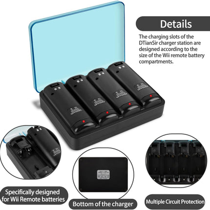Wii Remote Battery Charger,4 in 1 Charging Station with 4 Pack 2800mAh Rechargeable Battery,USB Cable for Wii/Wii U Remote Controller (Black)